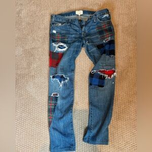 Current/Elliott Blue Jeans with Red and Black Plaid Patches